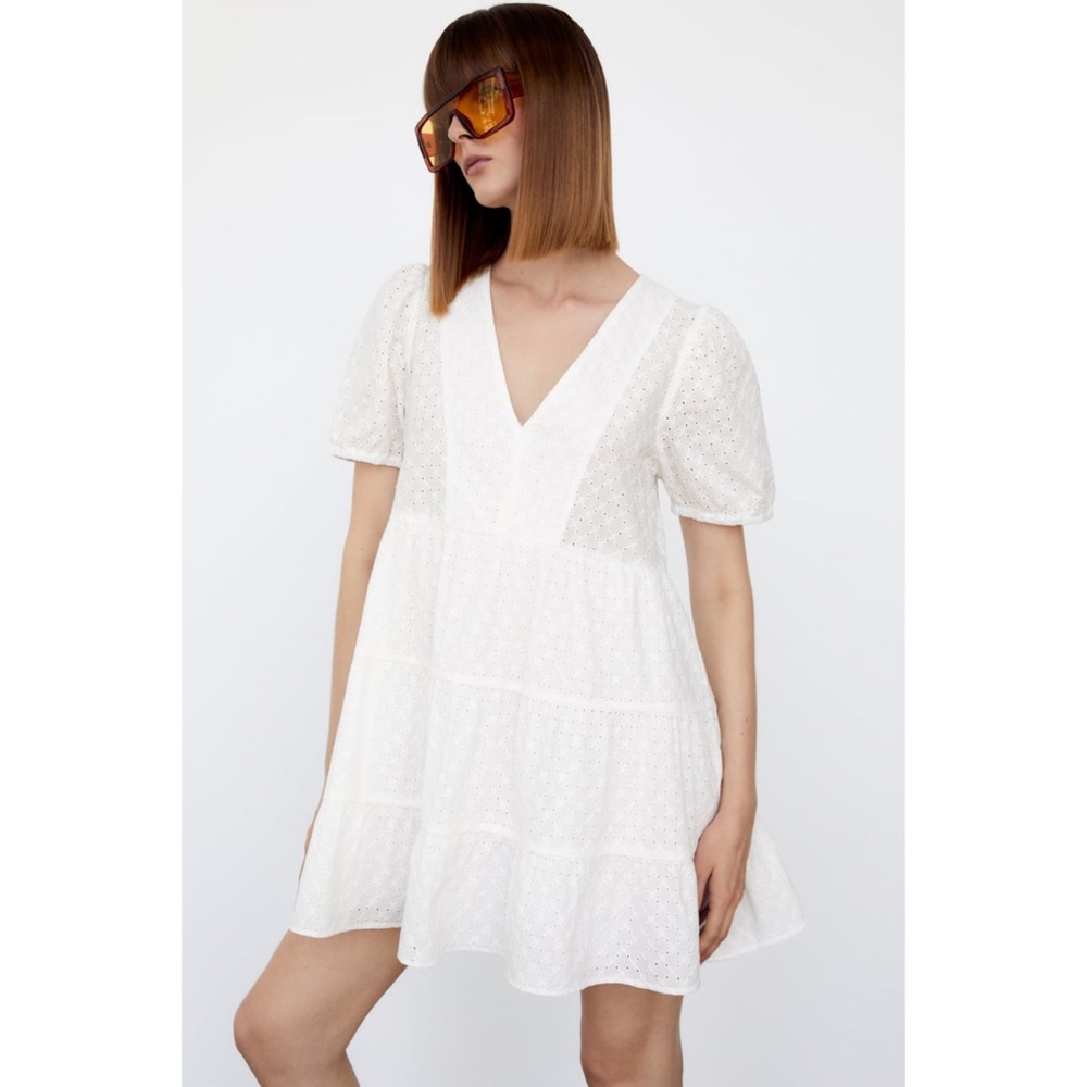Zara Embroidered Eyelet Tiered Dress Puff Sleeves